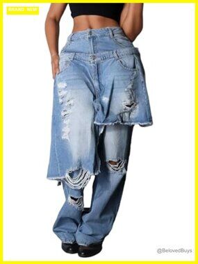 Women's Asymmetrical Patchwork Ripped High Waisted Jeans
